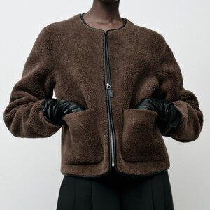 [NEW WITH TAG] ZARA BROWN TEDDY JACKET WITH FAUX SHEARLING BLACK LEATHER DETAIL